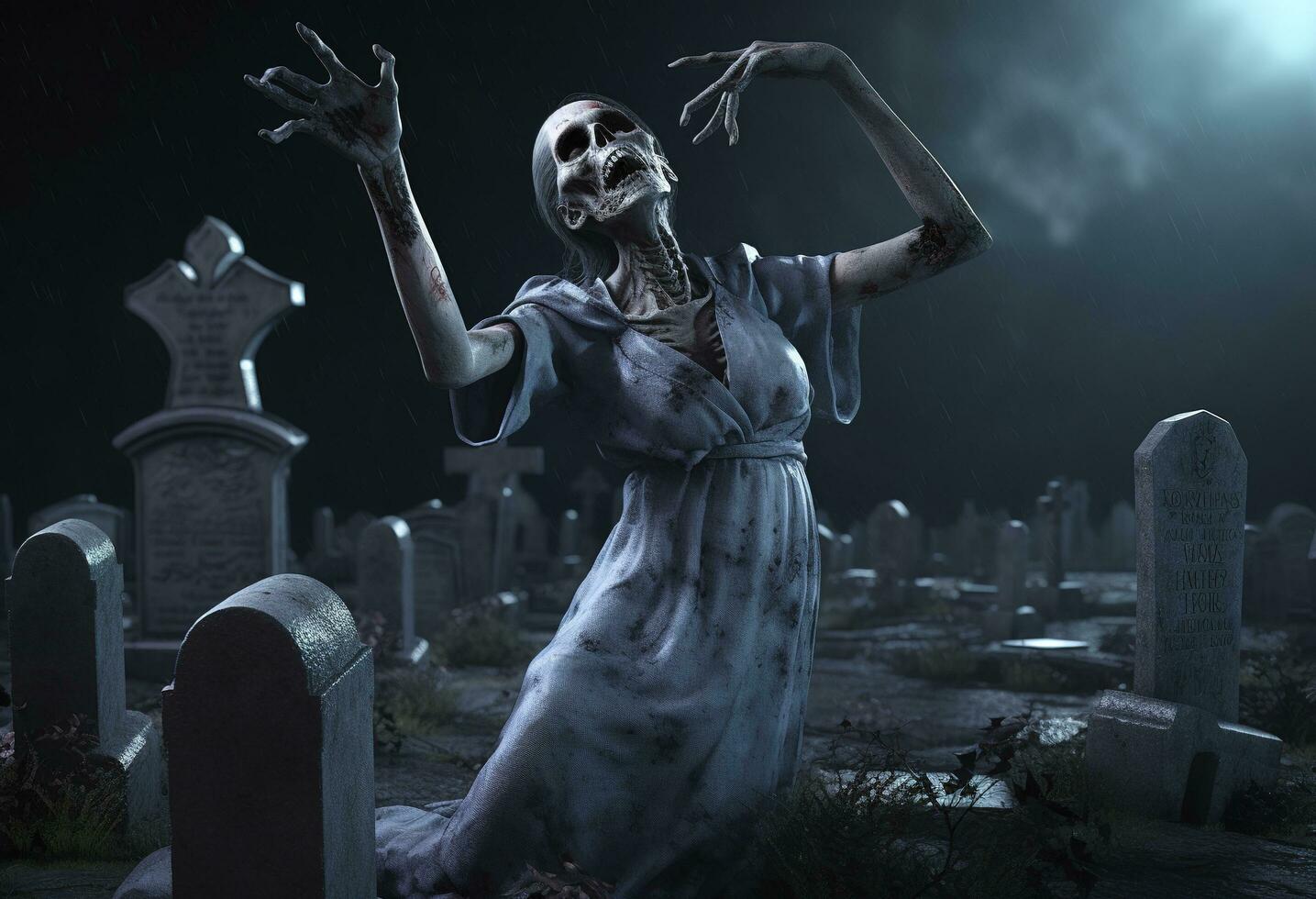 Zombie hand rising up from grave in misty night graveyard neural ...