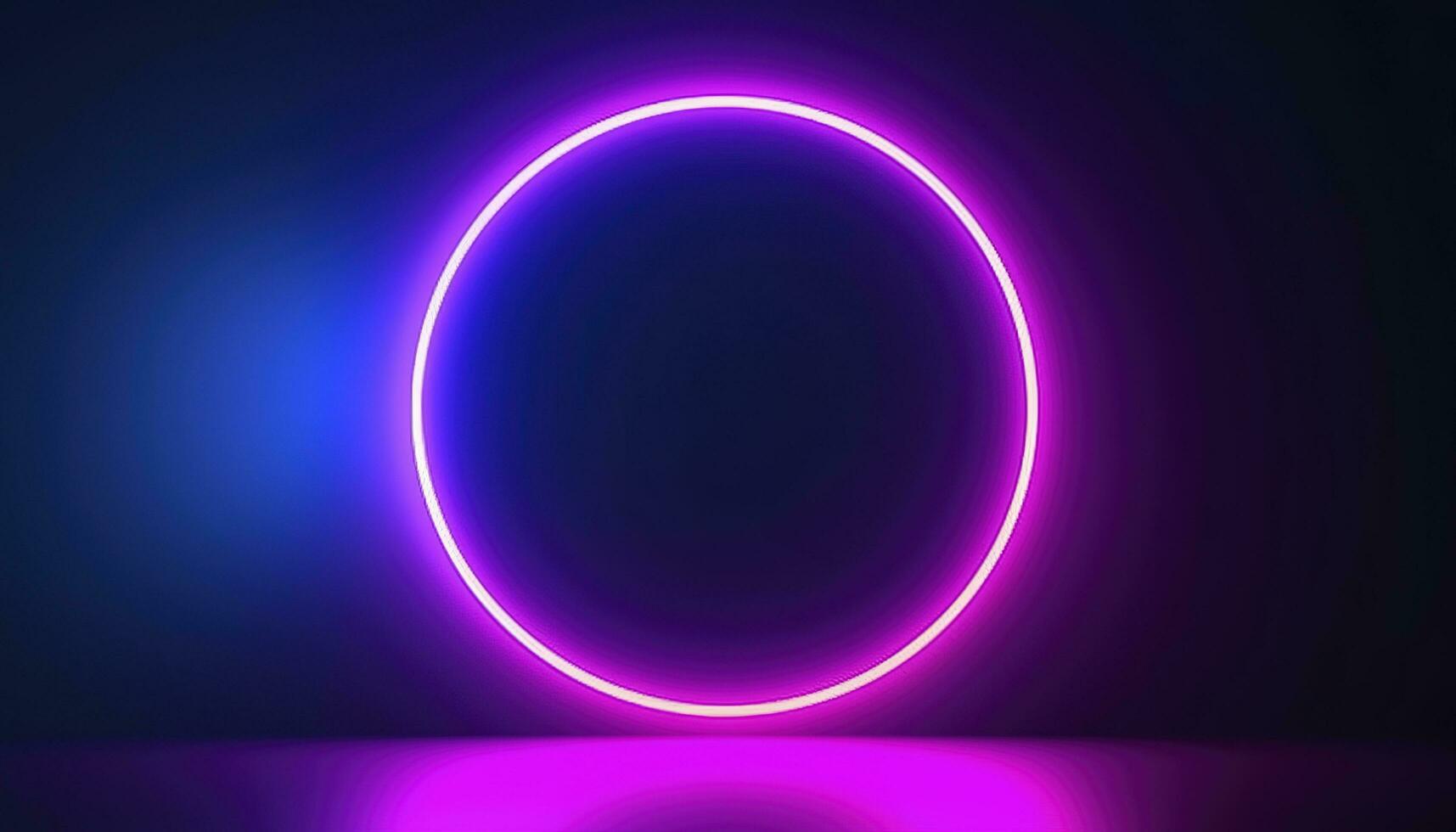 3d render, blue pink neon round frame, circle, ring shape, empty space, ultraviolet light, 80s retro style, fashion show stage, abstract background, generate ai photo