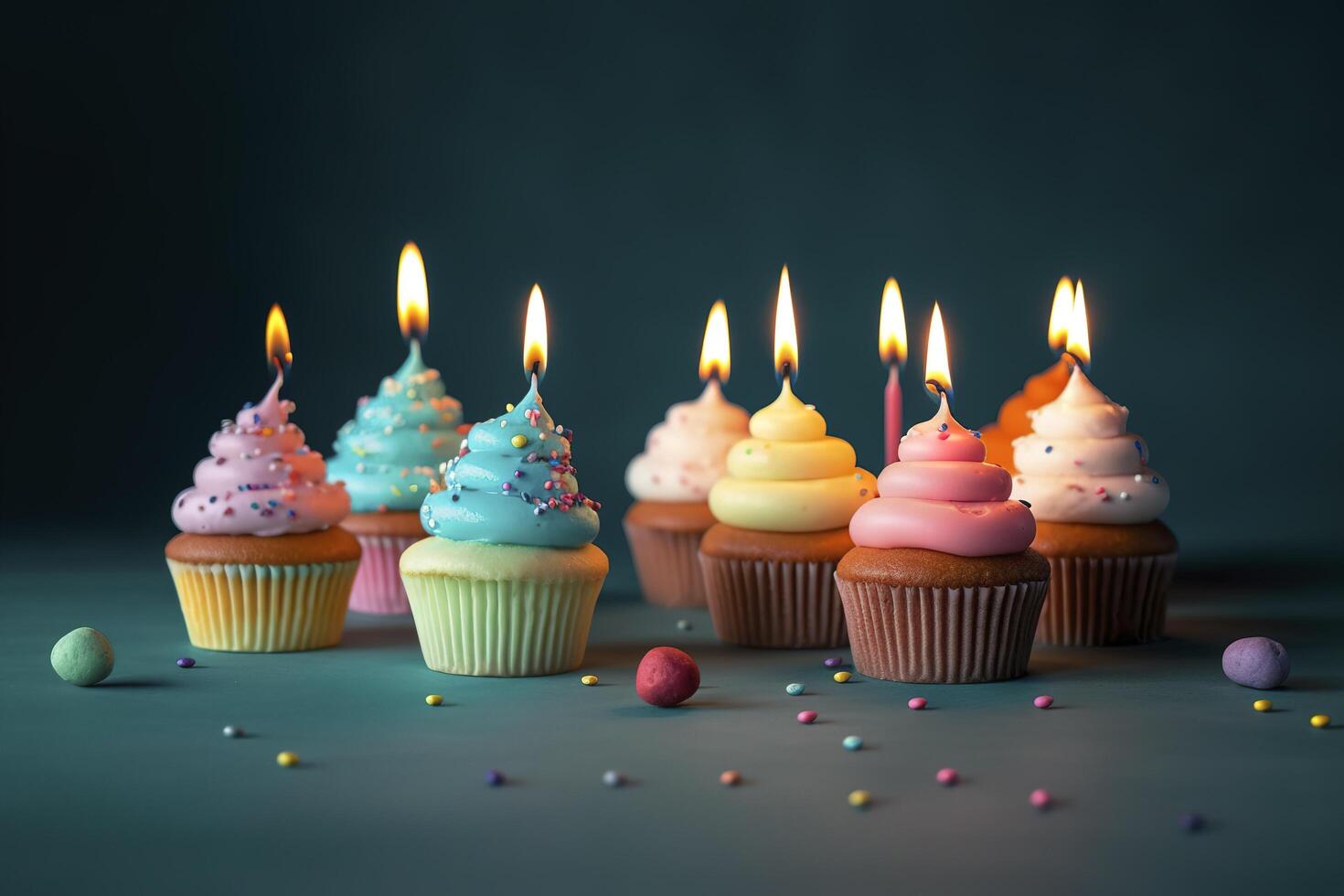 weet colorful birthday cupcakes and candle, photo