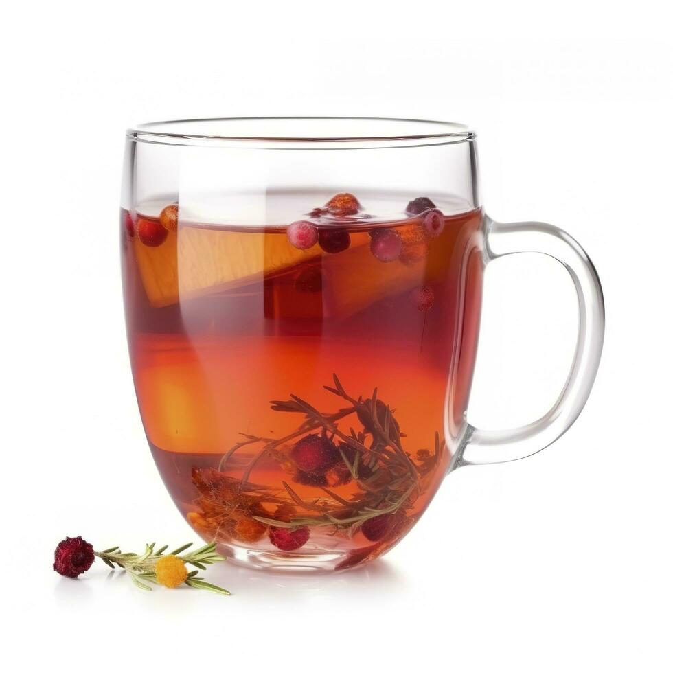 Glass cup of hot aromatic tea isolated on white background, generate ai photo