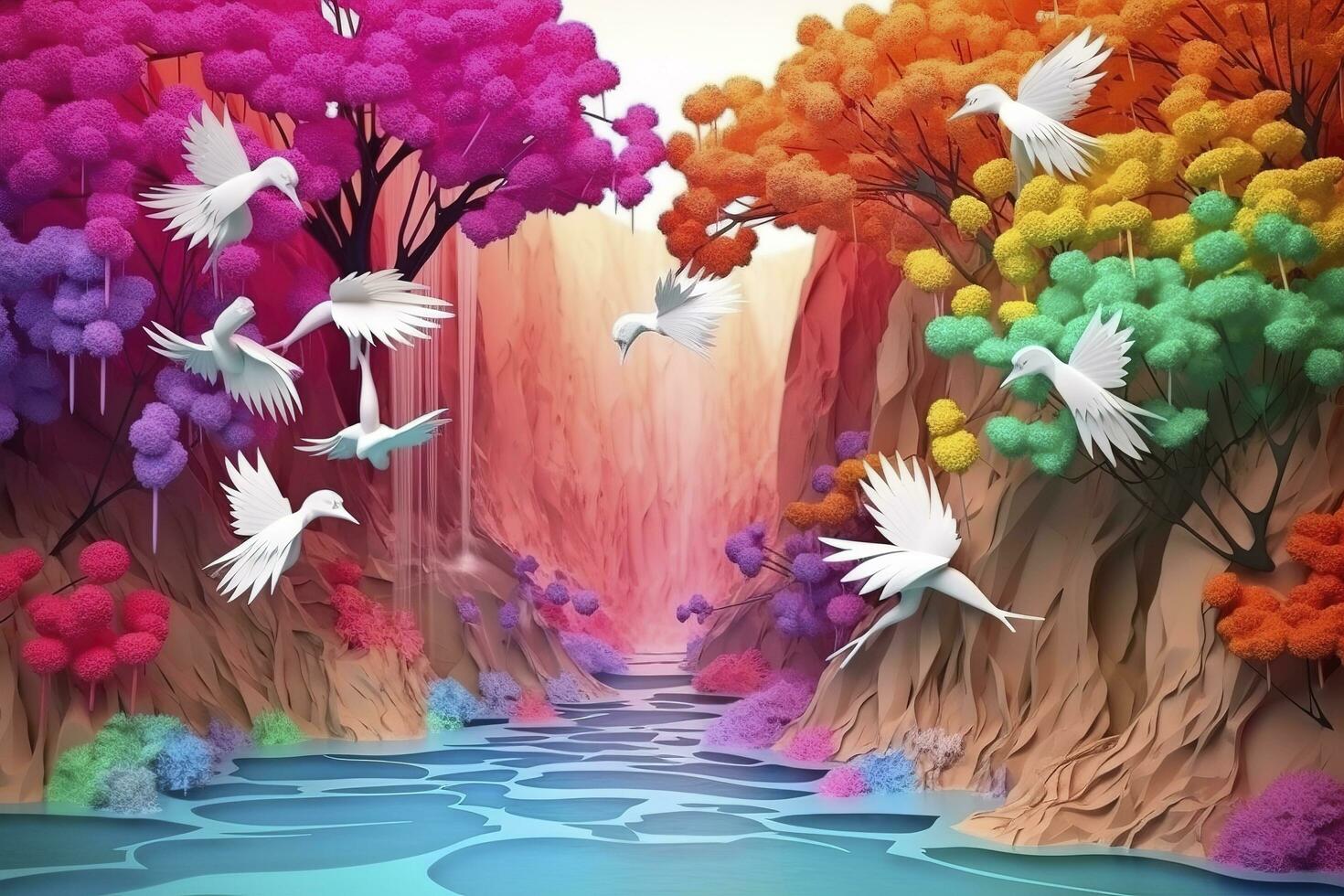 3d mural colorful landscape. flowers branch multi colors with trees and water. Waterfall and flying birds. suitable for printing on canvas, generate ai photo