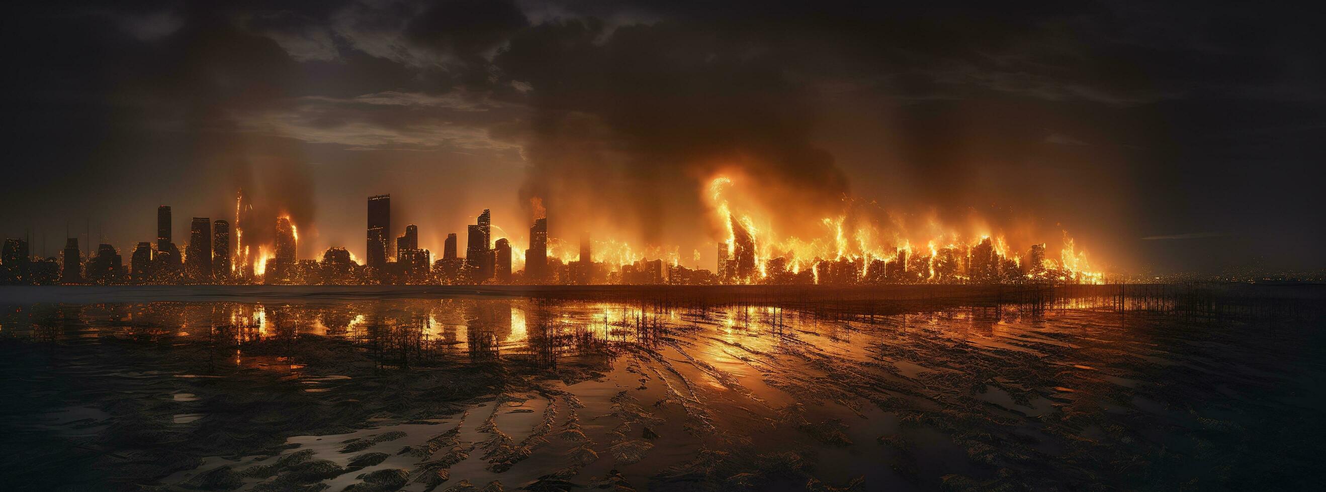 Post apocalypse. Nuclear apocalypse survivor. Ruined Cityscape. Concept. Banner size. Header, A nuclear explosion in the center of the metropolis. The beginning of apocalyptic, generate ai photo