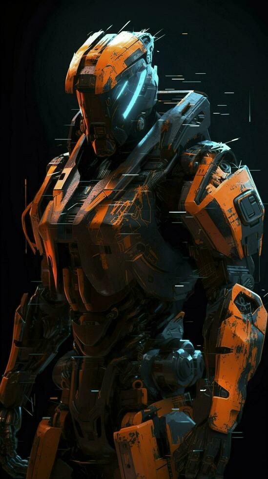 a robot armoured with orange and black lights, in the style of anime art, wlop, sharp lines, 8k resolution, the new fauves, exaggerated poses, generate ai photo