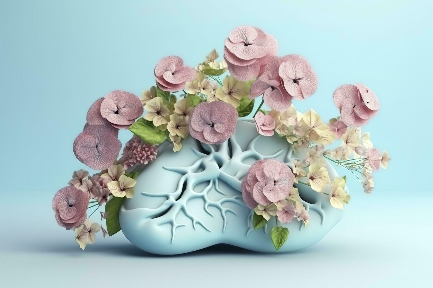 Human liver with flowers, pastel colors, on blue background, 3d render and illustration, generate ai photo