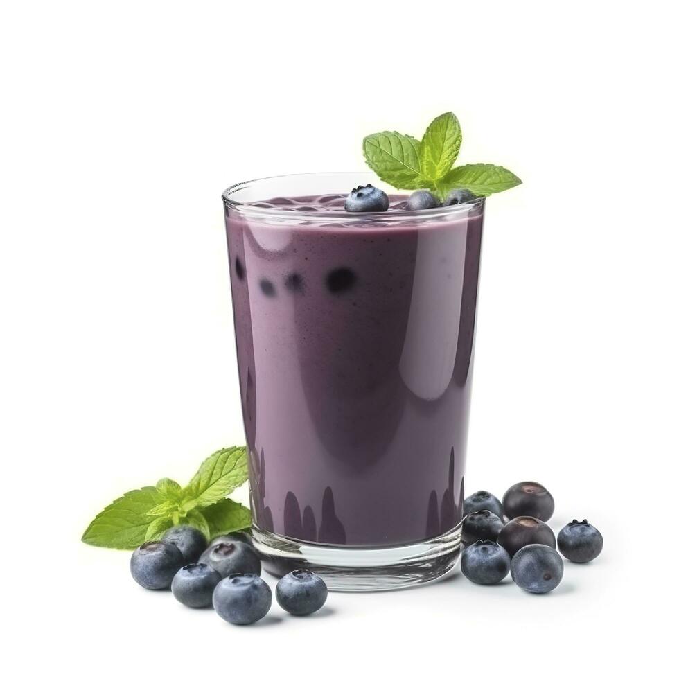Tasty blueberry smoothie in glass isolated on white background, generate ai photo