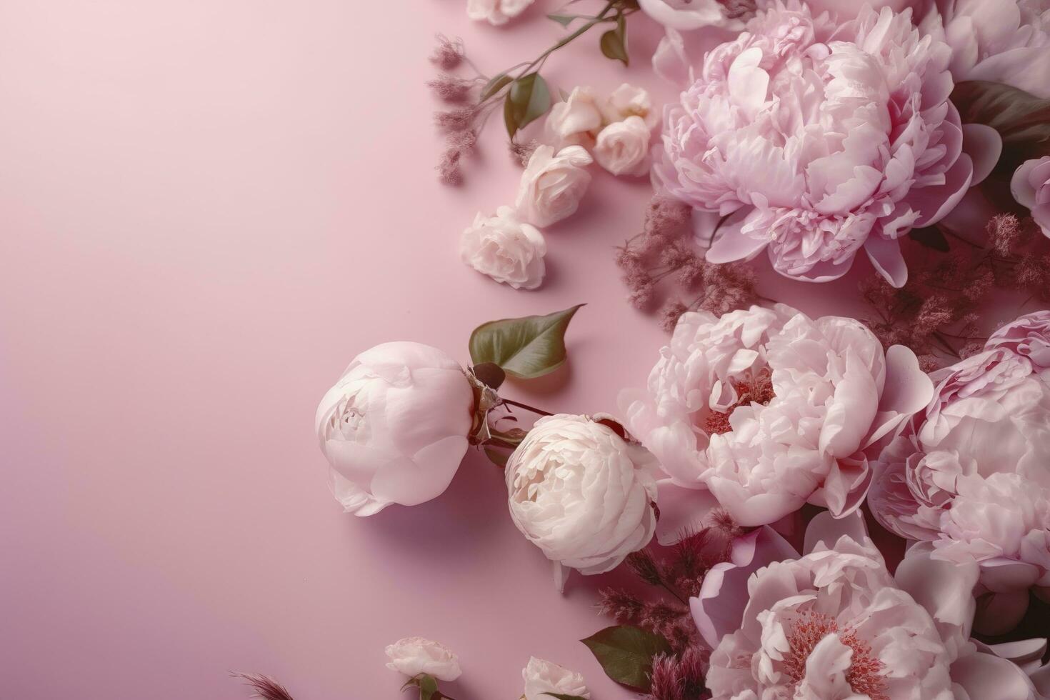 peonias, rosas en rosado antecedentes con Copiar espacio. resumen natural floral marco diseño con texto espacio. romántico femenino composición. Boda invitación , generar ai foto