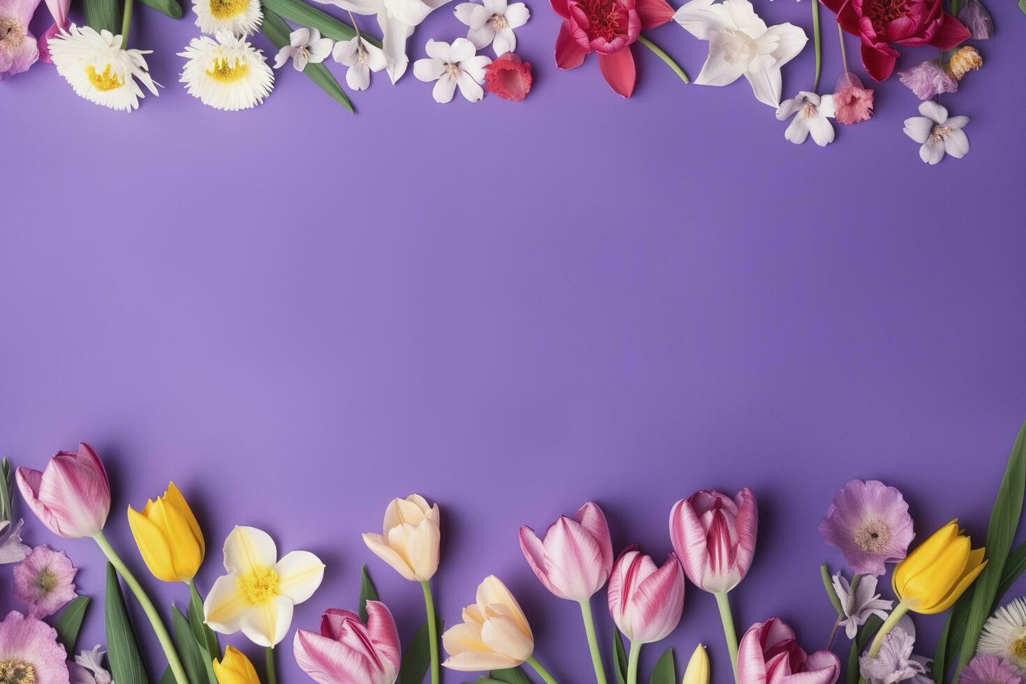 multicolored spring flowers on purple background , generate ai photo