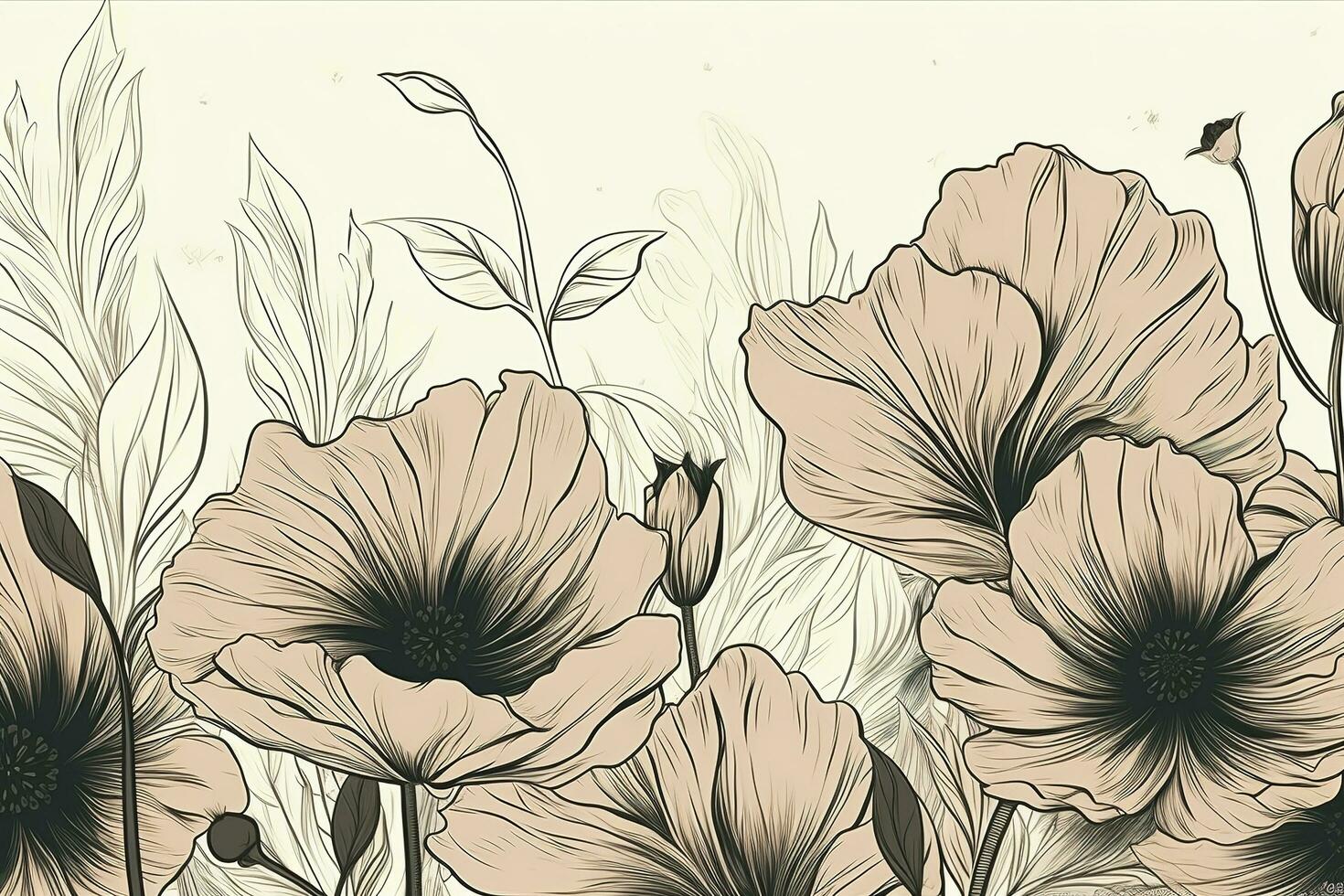 Luxury botanical background with trendy greenery and poppy flower. Vintage foliage background. For wedding invitation, wall art or card template. Minimal line , generate ai photo