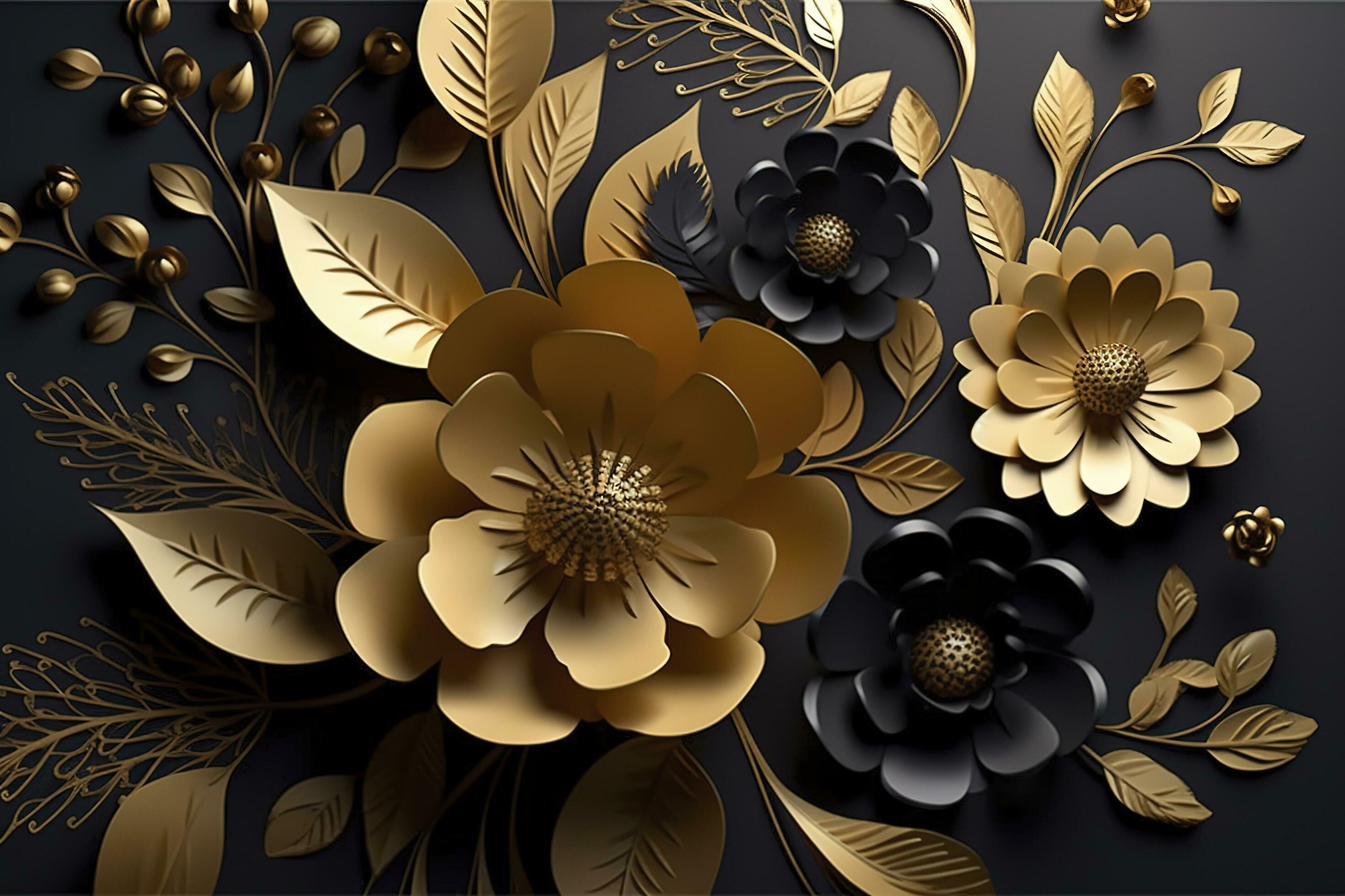 3d mural floral wallpaper. golden and black flowers and leaves. 3d