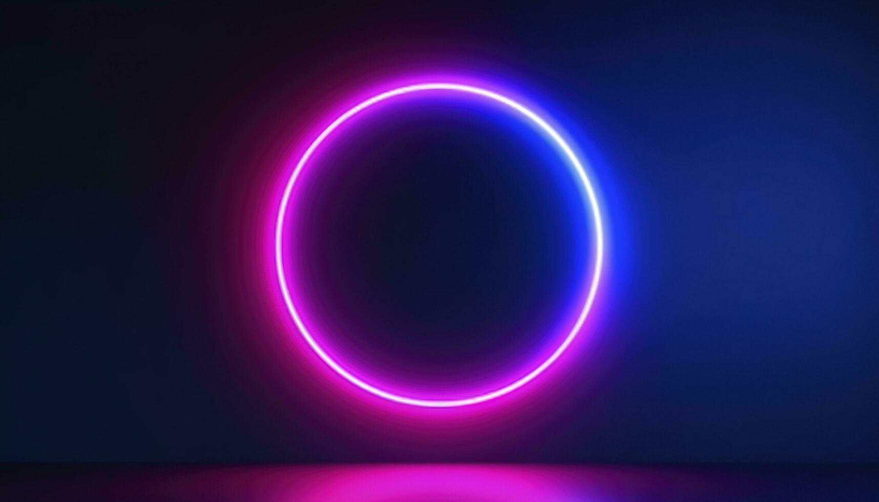 3d render, blue pink neon round frame, circle, ring shape, empty space, ultraviolet light, 80s retro style, fashion show stage, abstract background, generate ai photo