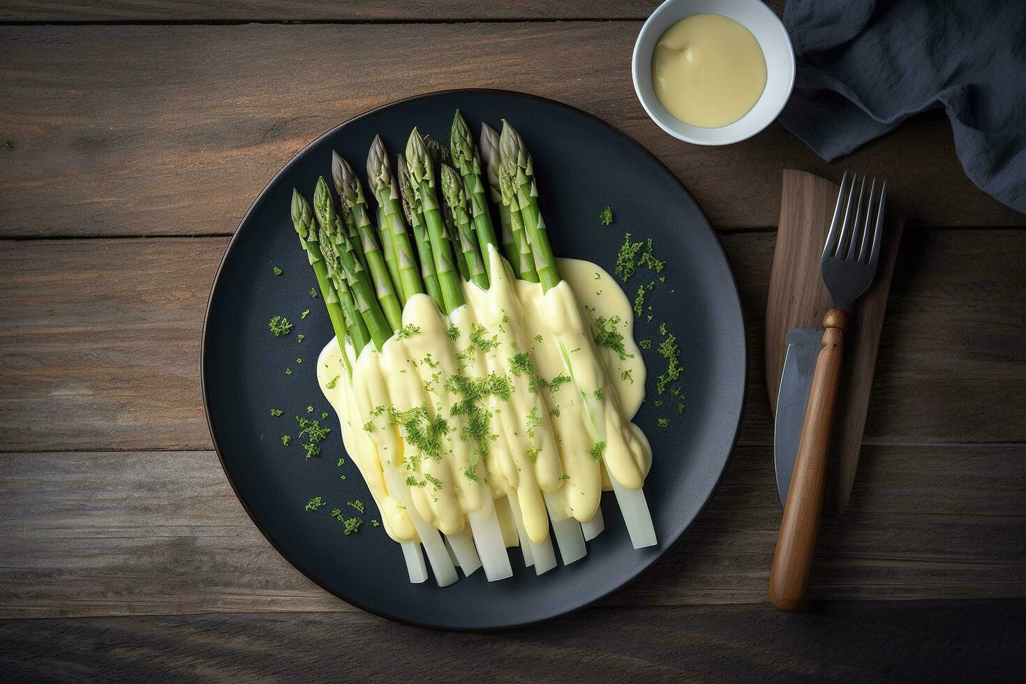 Modern style traditionally steamed white asparagus with butter sauce and cress served close-up on a Nordic design plate, generate ai photo