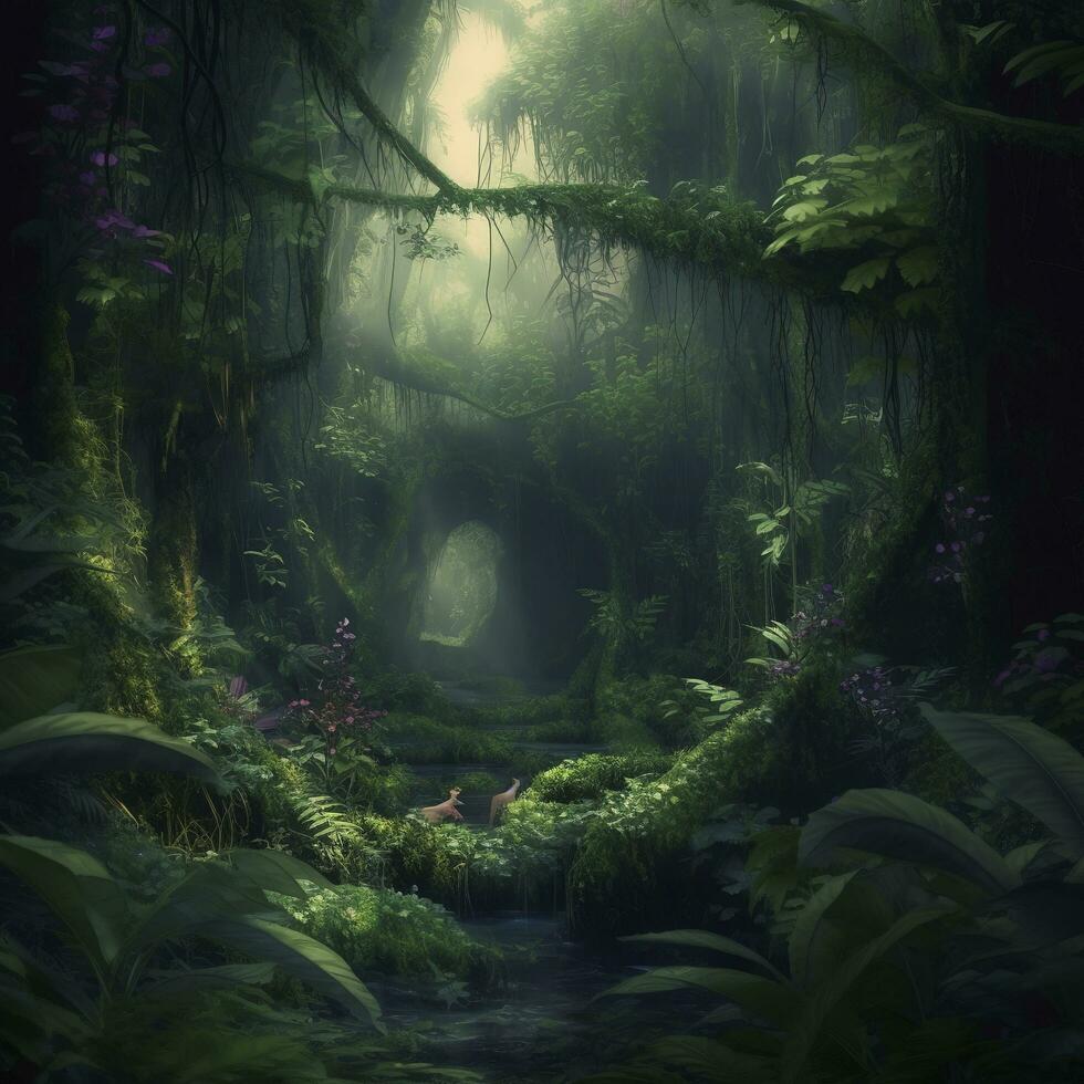 profundo oscuro selva lleno de descuidado vegetación y arboles cubierto en musgo y vides, alto contraste, volumétrico Encendiendo, generar ai foto