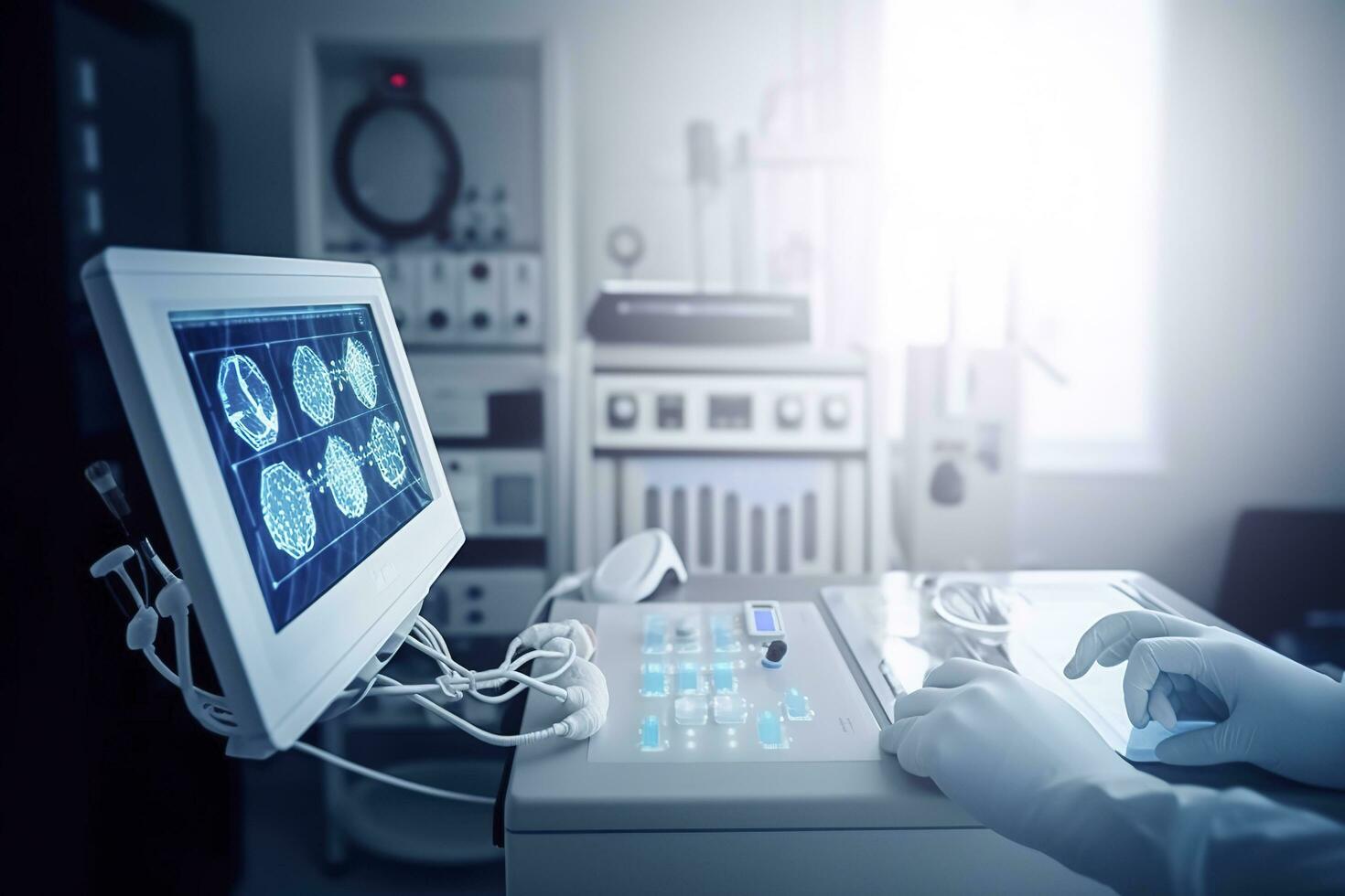 médico tecnología en clínica o hospital. tratamiento y utilizar de computadora tecnologías en medicamento, generar ai foto