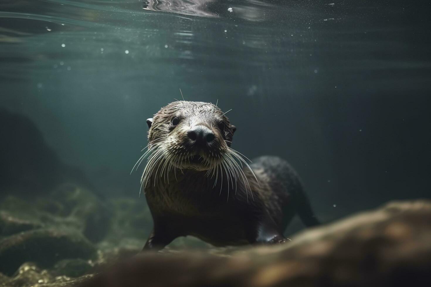 Illustration of cute otter diving underwater, generate ai photo