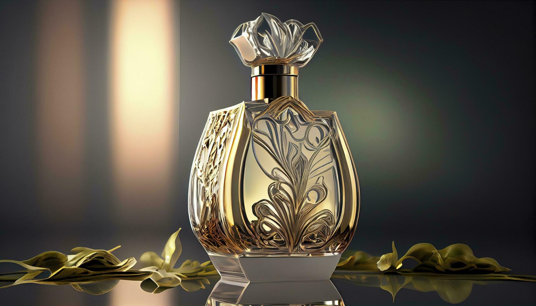 A delicate and noble glass perfume bottle was placed in the middle of the water,The sunlight asperses full, on the water flutters falls the petal, generate ai photo