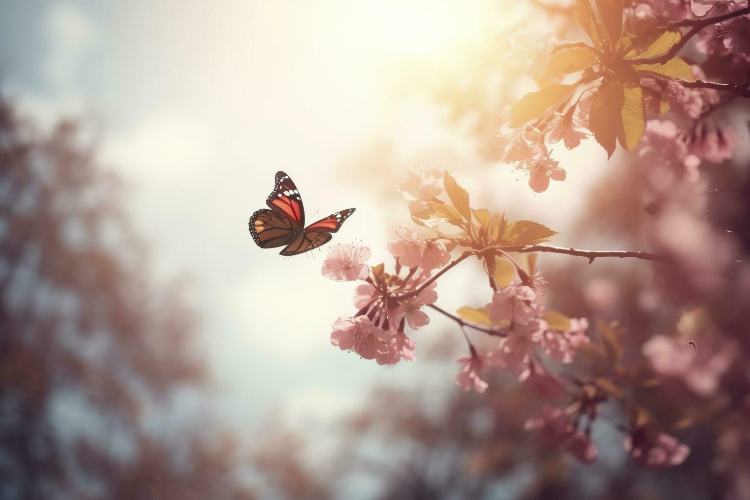 Spring banner, branches of blossoming cherry against the background of blue sky, and butterflies on nature outdoors. Pink sakura flowers, dreamy romantic image spring, landscape panorama, generate ai photo