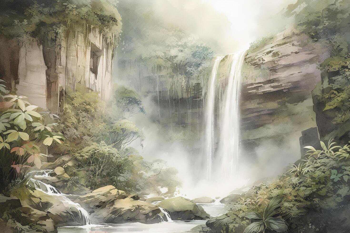 stunning waterfall surrounded by lush green forest. photo