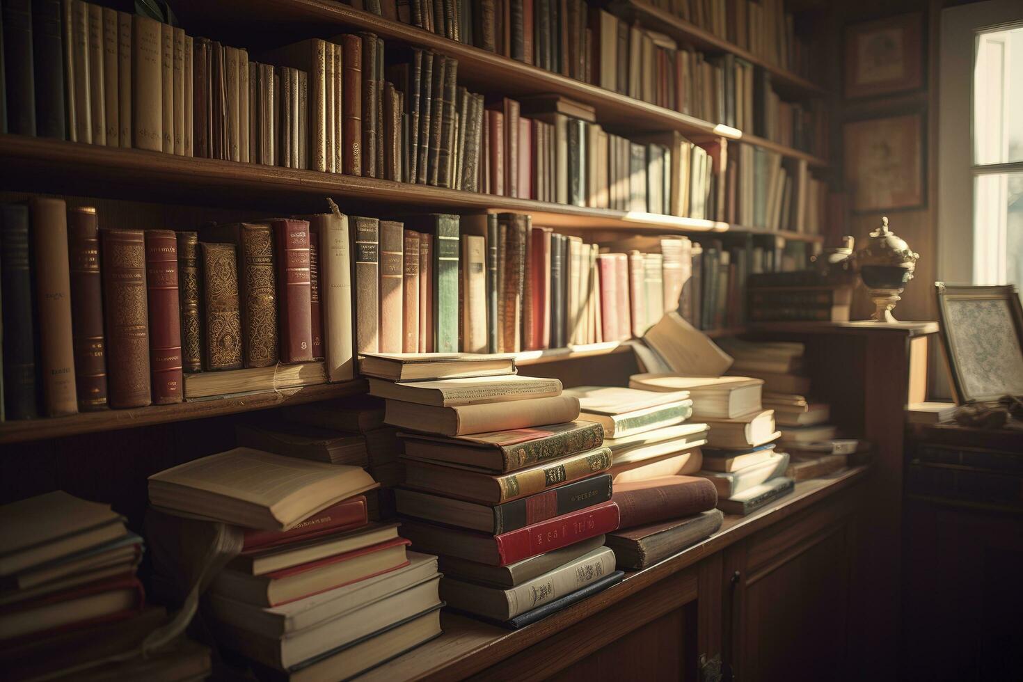 Library stacks of books and bookshelf. 3d illustration, generate ai photo