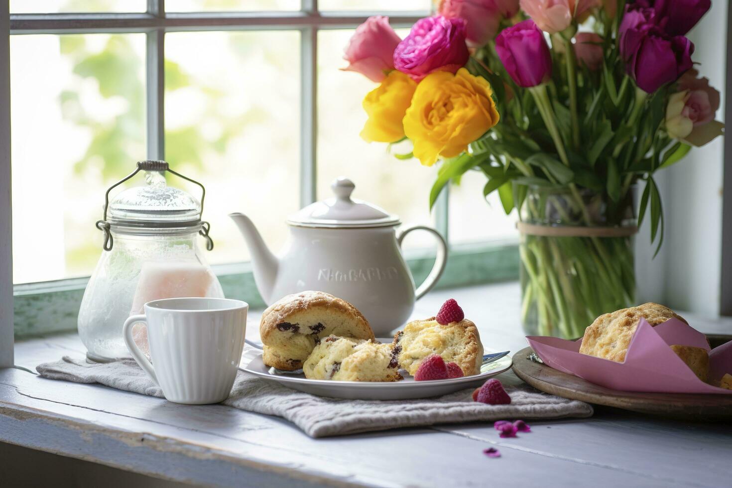 A Mother's Day arrangement with tea and scones in front of a bright window, generate ai photo