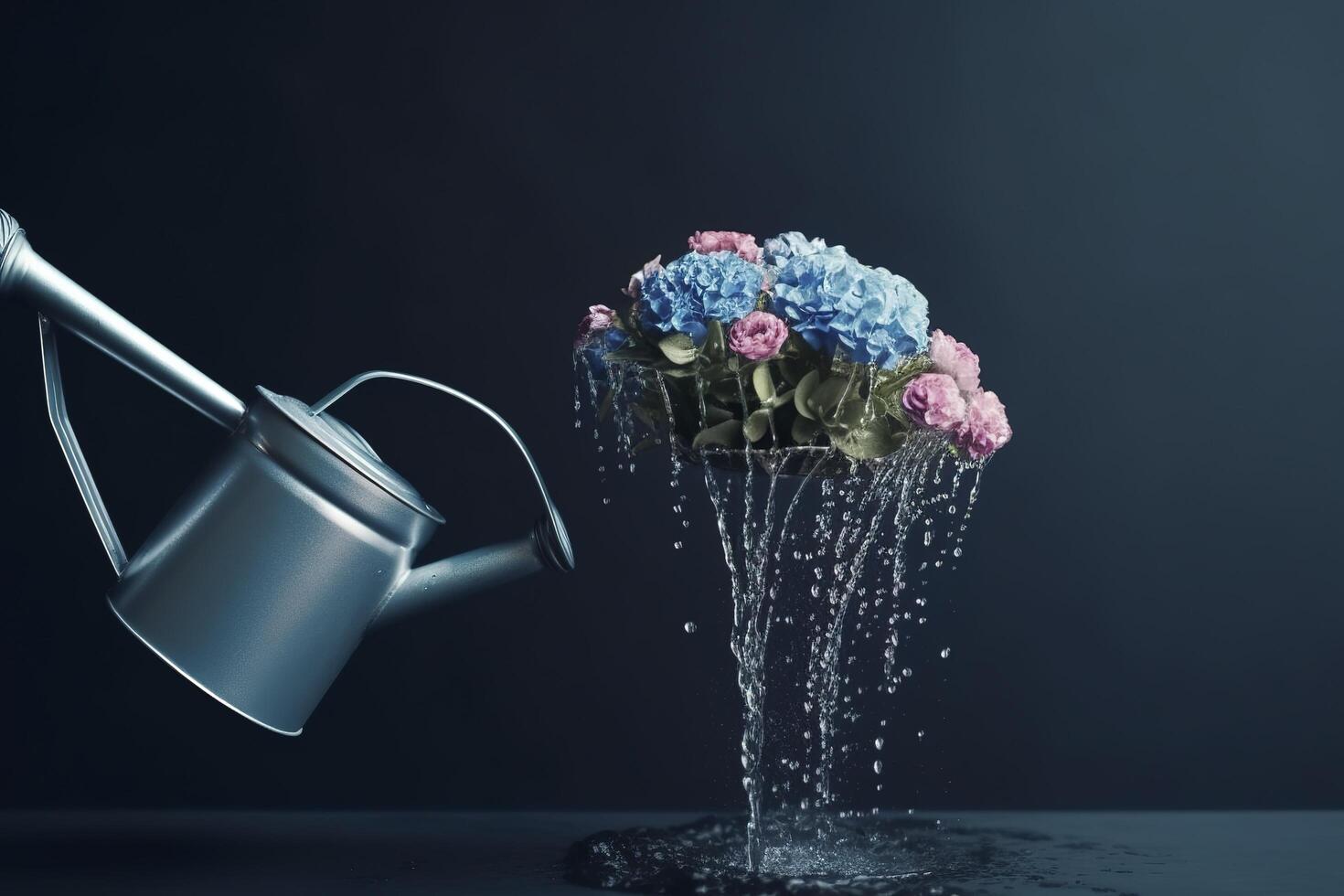 Human brain growing from a flower, watering can is pouring water on the mind, mental health concept, positive attitude, creative thinking, photo