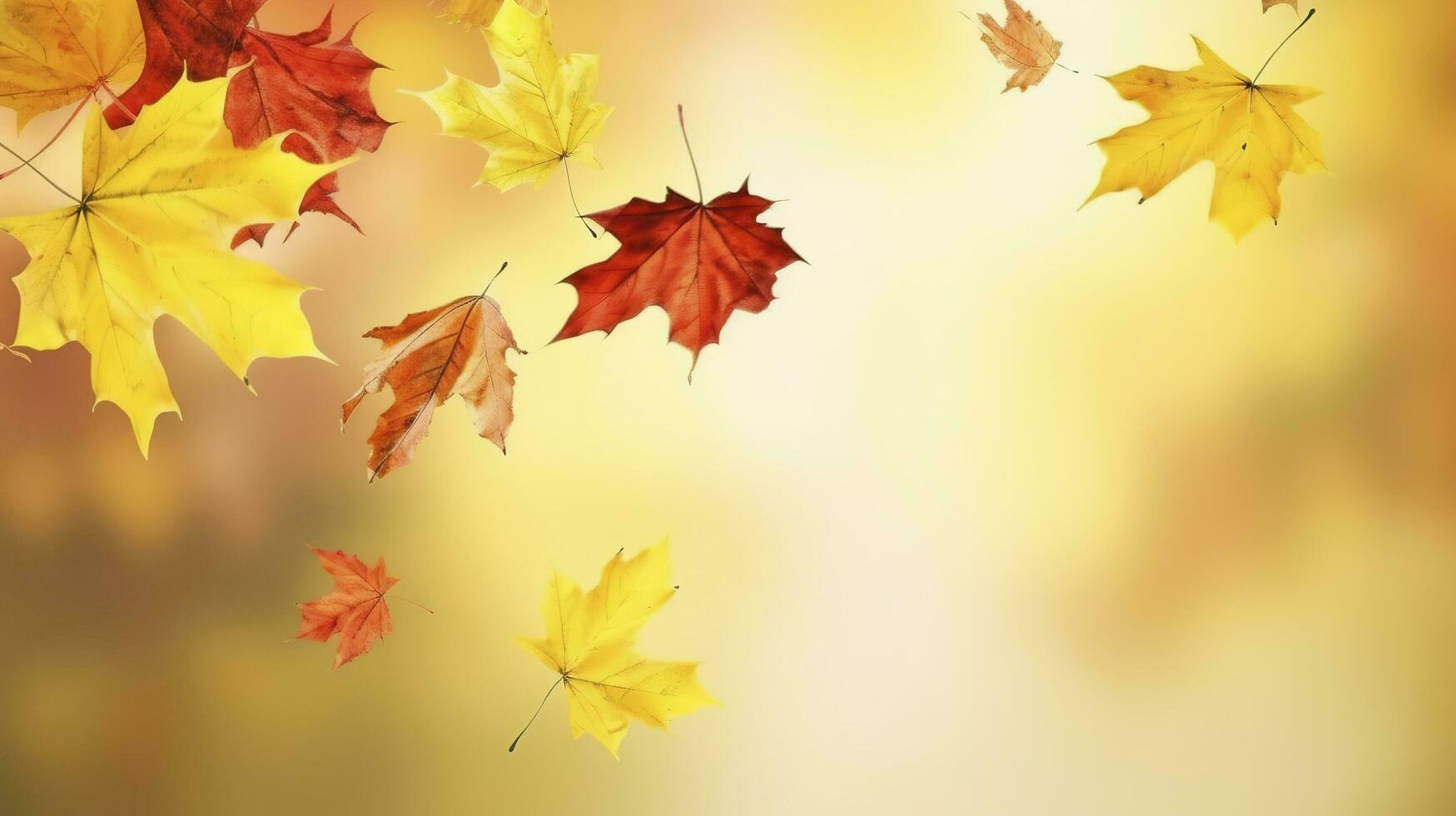 Autumn natural background with yellow and red maple leaves are flying and falling down, generate ai photo