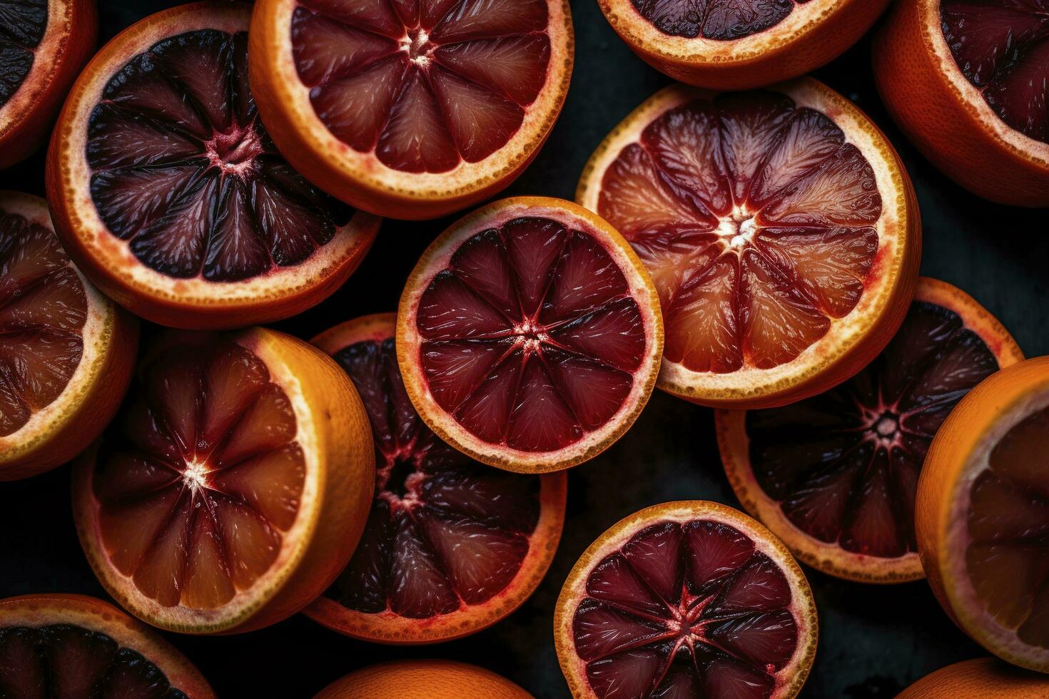 Many slices of juicy blood orange fruits as background, generate ai photo