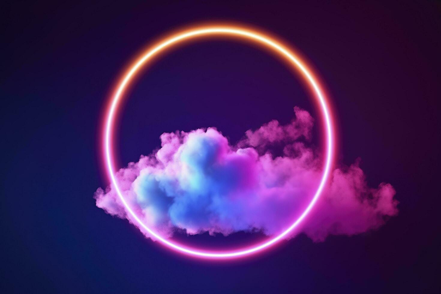 3d render, abstract cloud illuminated with neon light ring on dark night sky. Glowing geometric shape, round frame, generate ai photo