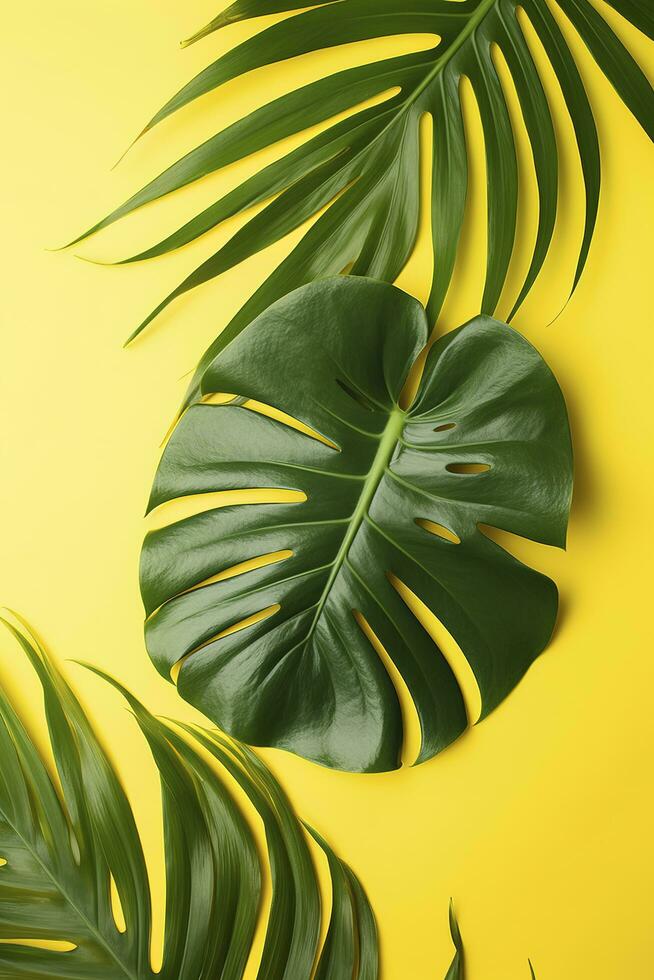 Beautiful tropical palm monstera leaves branch isolated on pastel yellow background, top view, flat lay, overhead above summer beauty blank design concept , generate ai photo