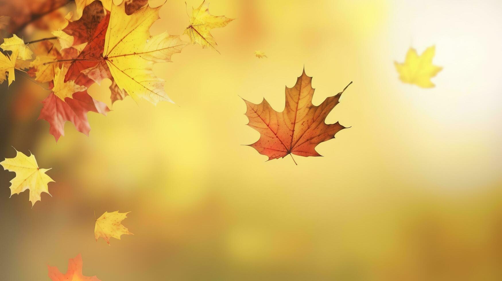 Autumn natural background with yellow and red maple leaves are flying and falling down, generate ai photo