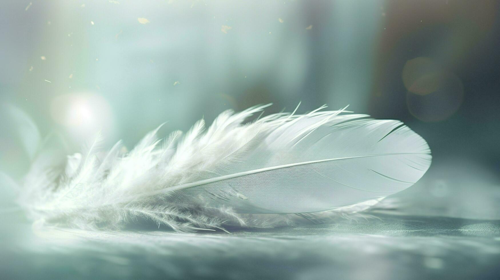 a bright blue background with one white feather, in the style of soft and dreamy pastels, glimmering light effects, nature inspired imagery, fairycore, soft focal points, generate ai photo