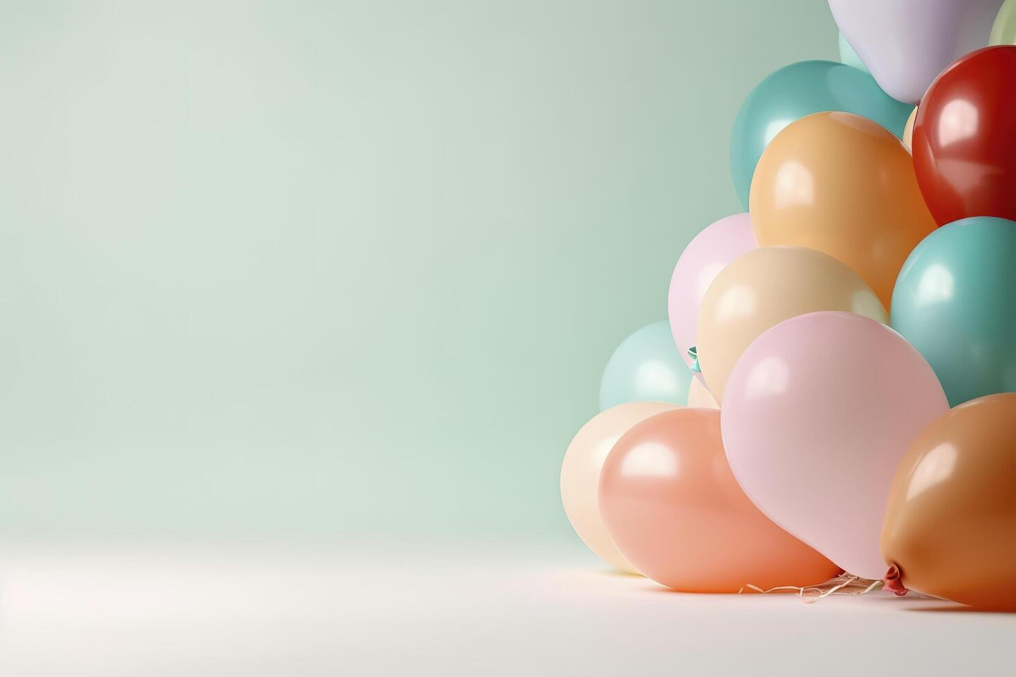 Colorful helium balloons on light pastel background with free space for text. Birthday celebration, wedding or baby shower decor. Creative idea for party and celebration, greeting card. . photo