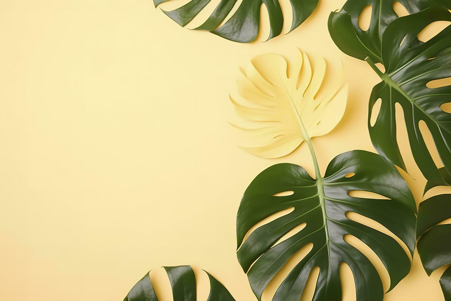 Beautiful tropical palm monstera leaves branch isolated on pastel yellow background, top view, flat lay, overhead above summer beauty blank design concept , generate ai photo
