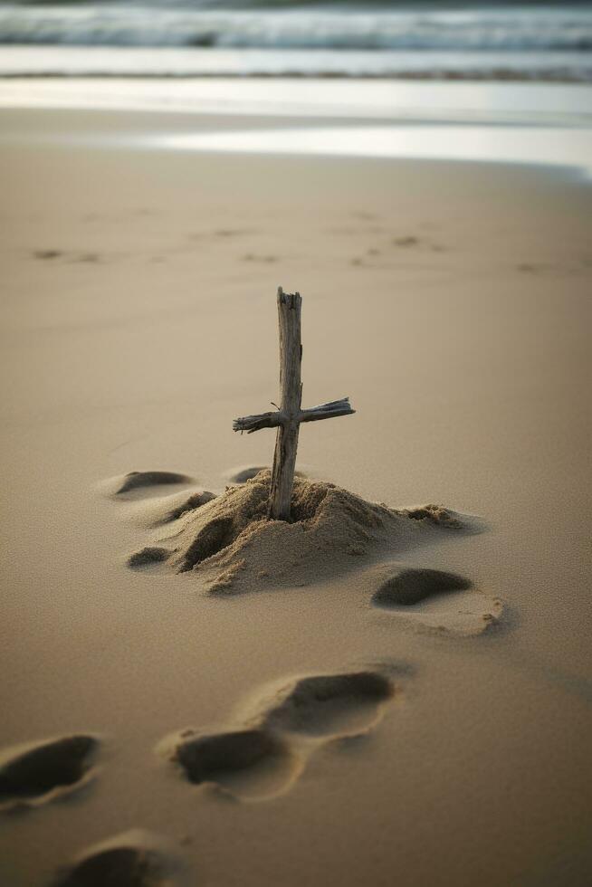 crucifixión de Jesús Cristo - cruzar a atardecer, generar ai foto