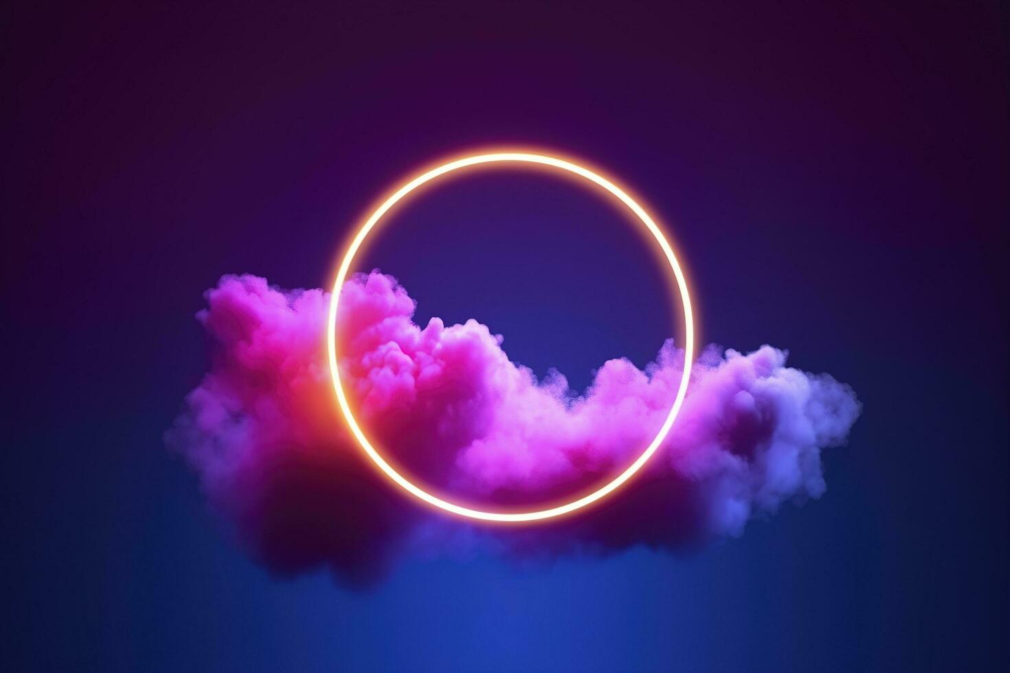 3d render, abstract cloud illuminated with neon light ring on dark night sky. Glowing geometric shape, round frame, generate ai photo