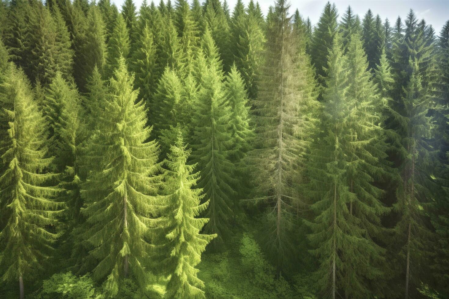 Healthy green trees in a forest of old spruce, fir and pine, generate ai photo