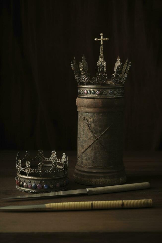 Shiny metal ring on top of gold crown on dark brown background, generate ai photo