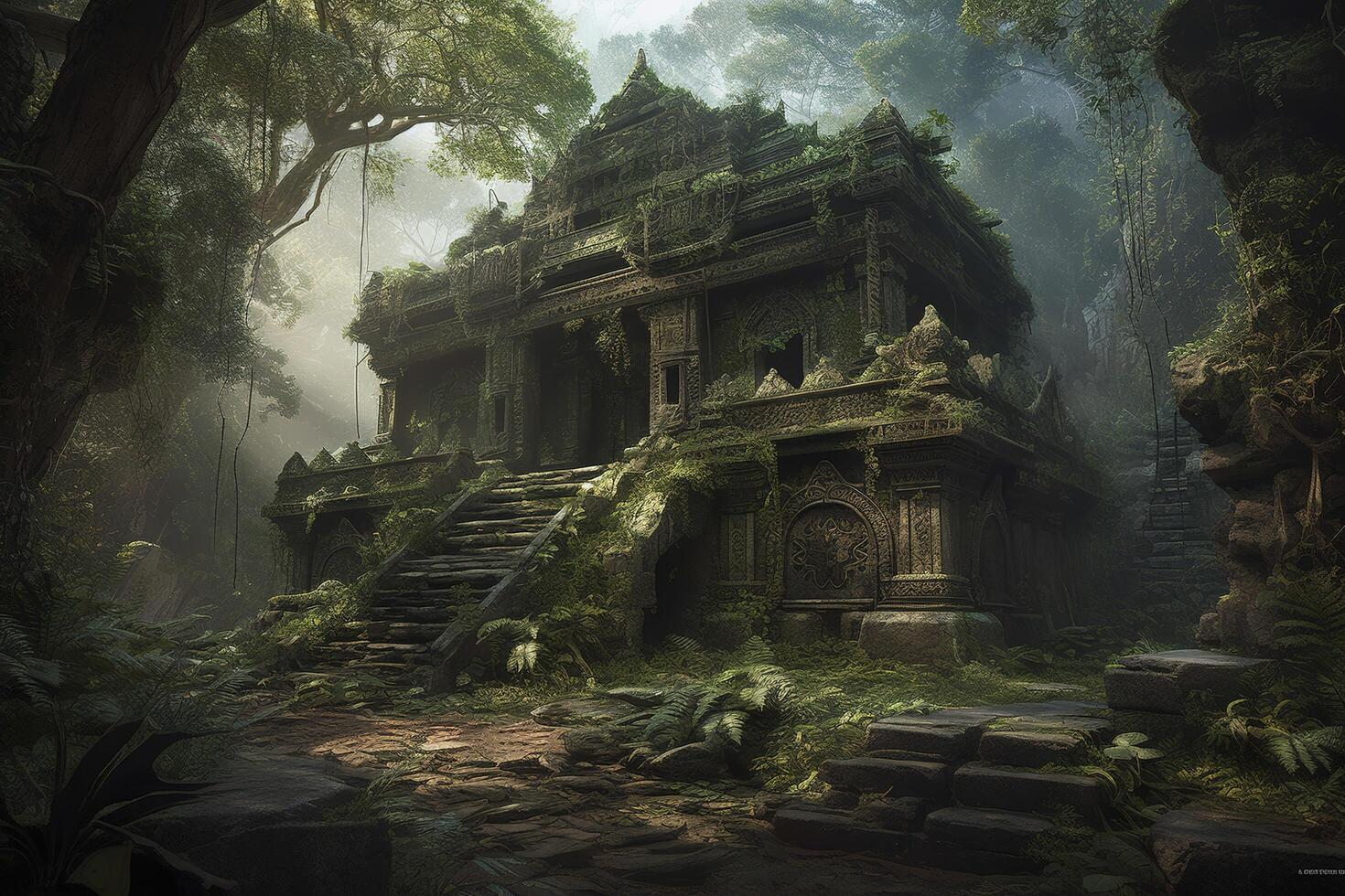 illustration of ancient temple ruins in a jungle photo
