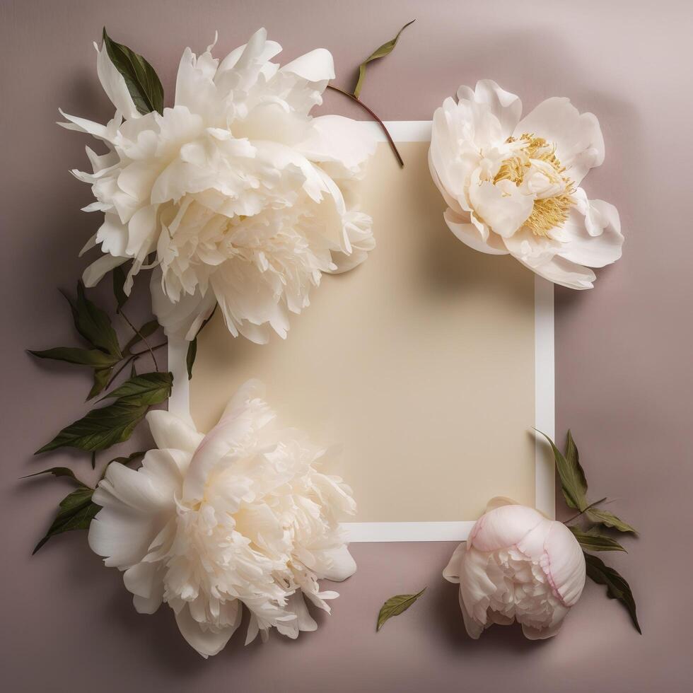 Peony flowers border frame with copy space in the middle. Beautiful floral background, elegant pastel colours. Wedding, Birthday, post planning greeting card concept. photo