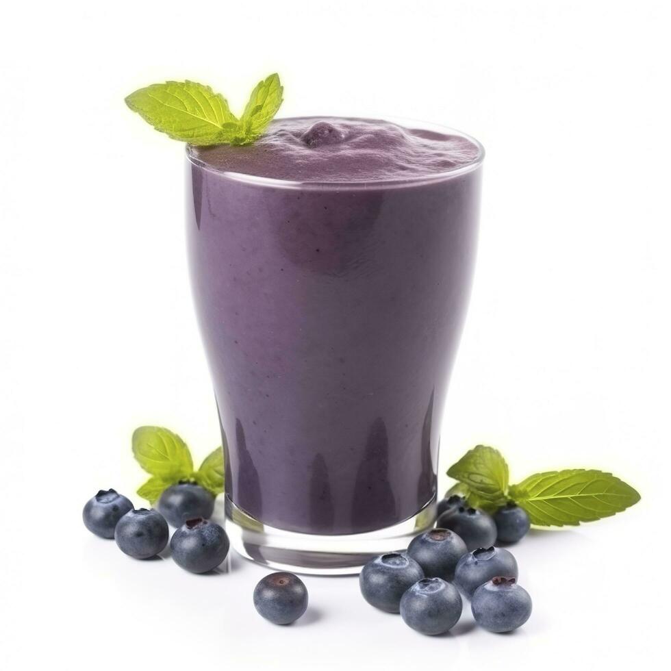 Tasty blueberry smoothie in glass isolated on white background, generate ai photo