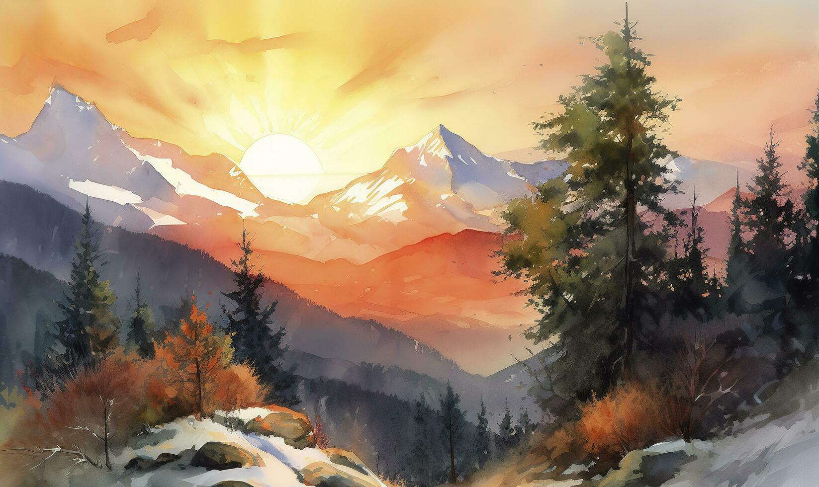Paint a watercolor landscape of a mountain range with snow-capped peaks, featuring a vibrant sunset sky and intricate details of rocks and trees, generate ai photo