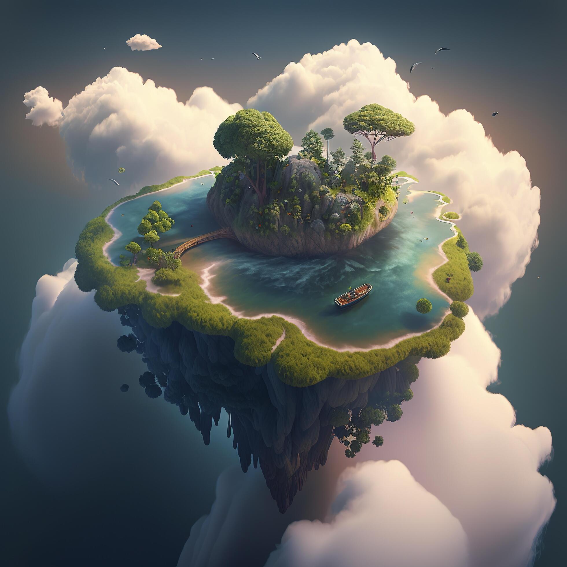Floating island above the clouds landscape illustration, generate ai