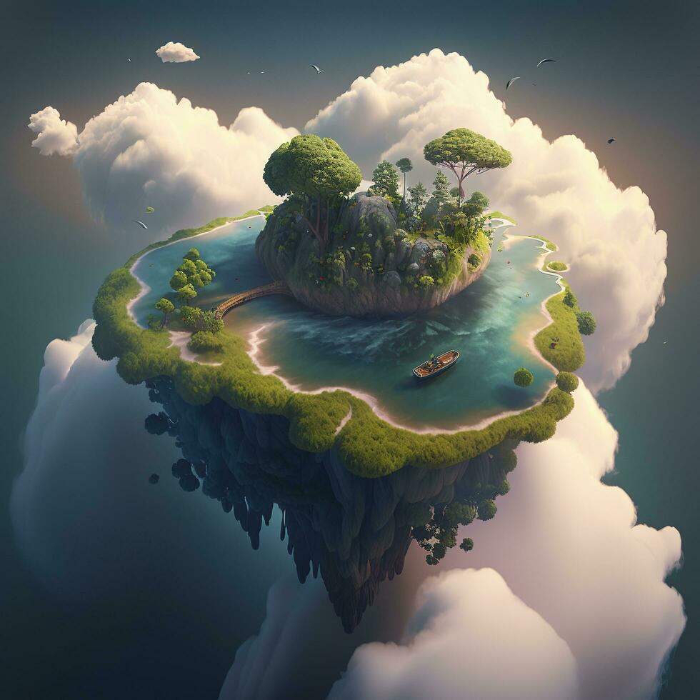 Floating island above the clouds landscape illustration, generate ai photo