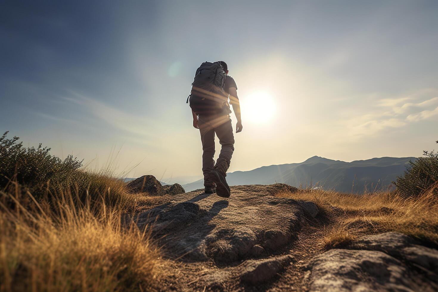 Hiker goes against sky and sun. Hiking concept created with technology photo