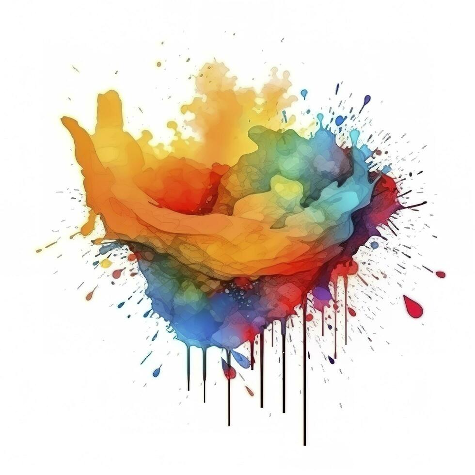 Bright colorful watercolor stain splash splatter brush stroke on white background. Modern vibrant aquarelle spot. Decorative trendy isolated design on white. Element, generate ai photo