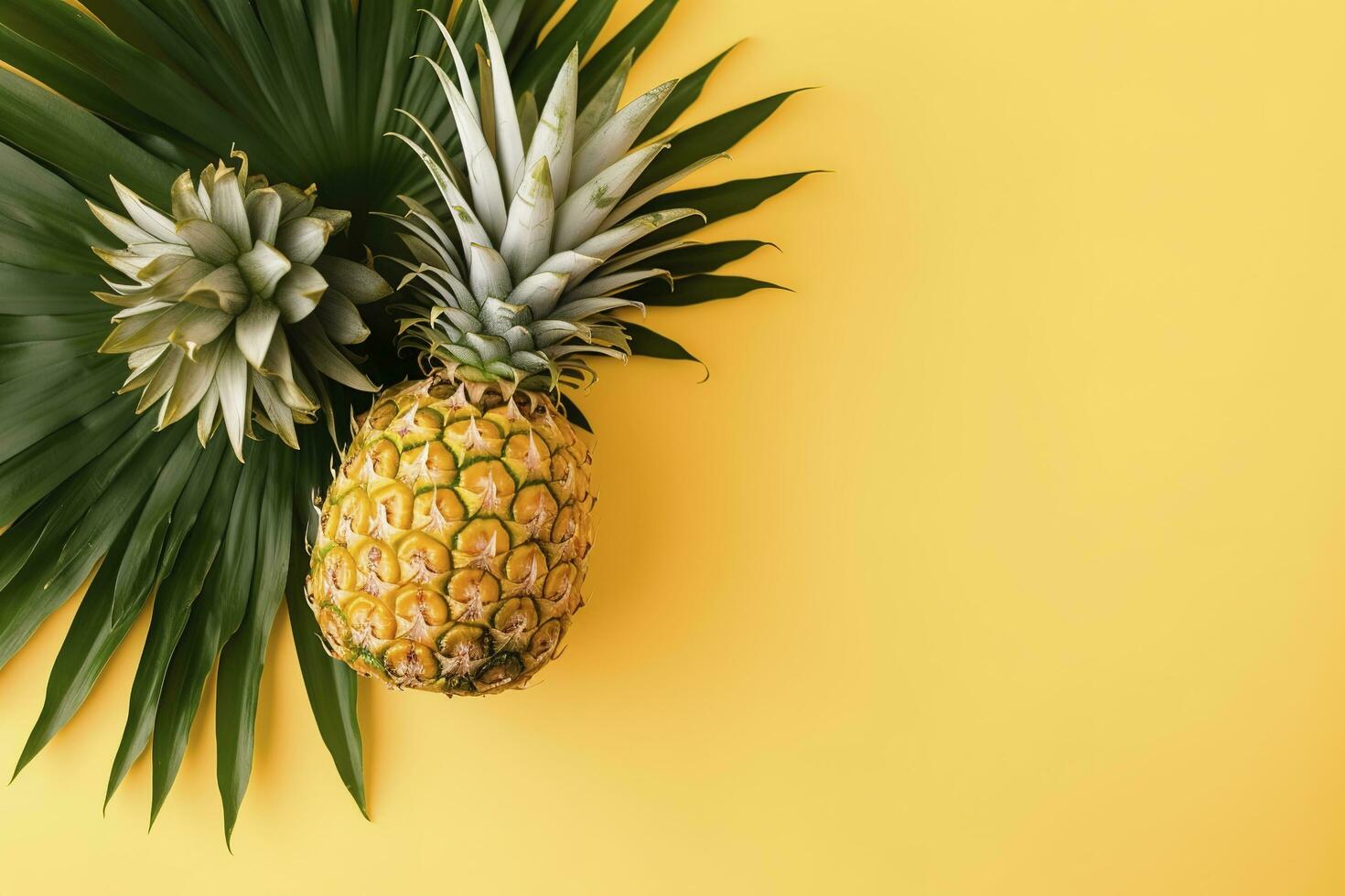 Beautiful pineapple on tropical palm monstera leaves isolated on bright pastel yellow background, top view, flat lay, overhead above summer fruit. , generate ai photo
