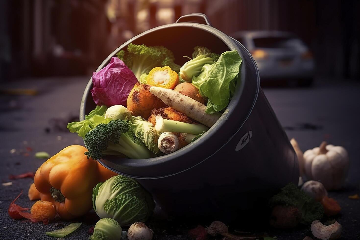 Uneaten unused spoiled vegetables thrown in the trash container. Food loss and food waste. Reducing wasted food, composting, rotten veggies in a trash. . photo