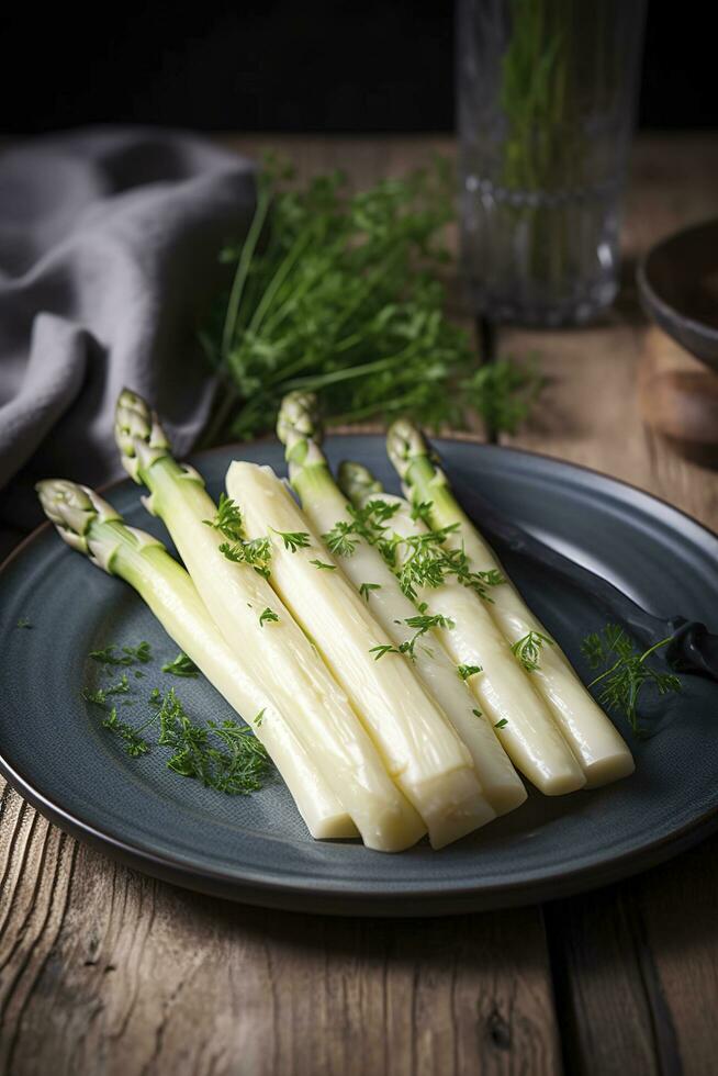 moderno estilo tradicionalmente al vapor blanco espárragos con mantequilla salsa y berro servido de cerca en un nórdico diseño lámina, generar ai foto