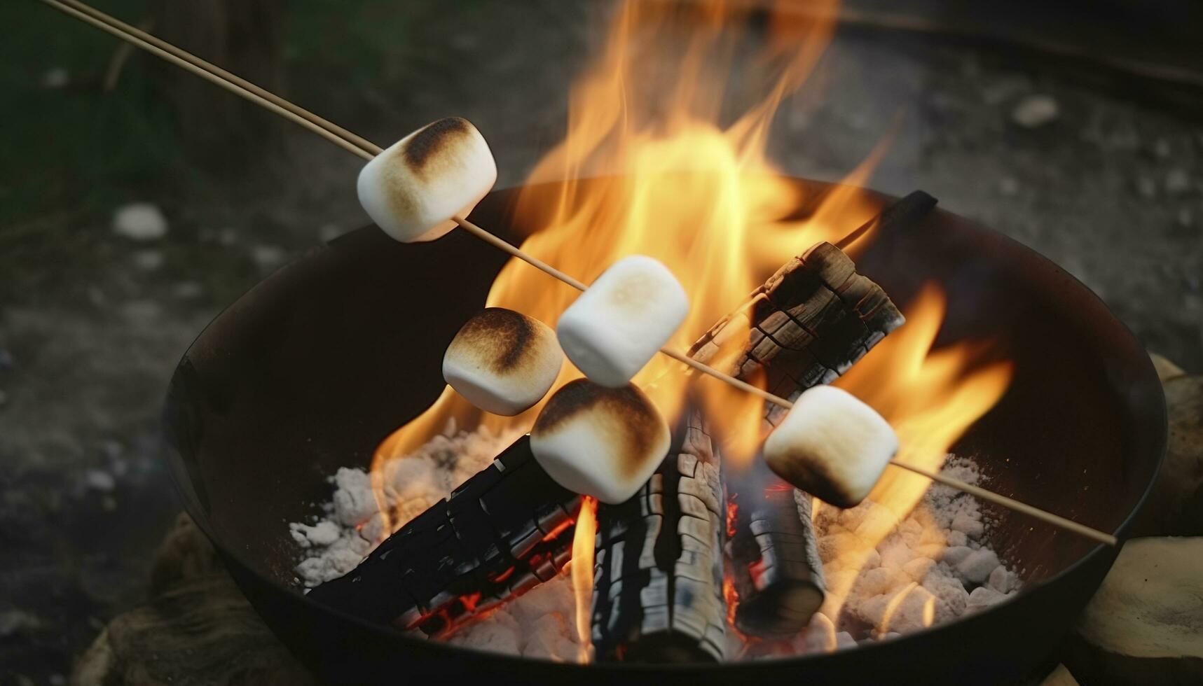 burning fire in a compact grill, wood logs engulfed in red flames, closeup of fry marshmallows on fire, smoke rises, concept of fun party, cooking delicacy outdoors, generate ai photo