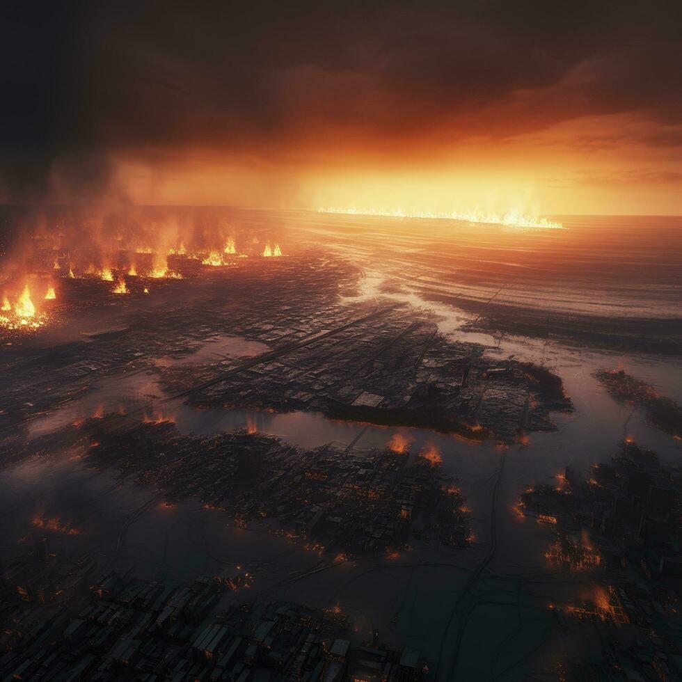 Post apocalypse. Nuclear apocalypse survivor. Ruined Cityscape. Concept. Banner size. Header, A nuclear explosion in the center of the metropolis. The beginning of apocalyptic, generate ai photo