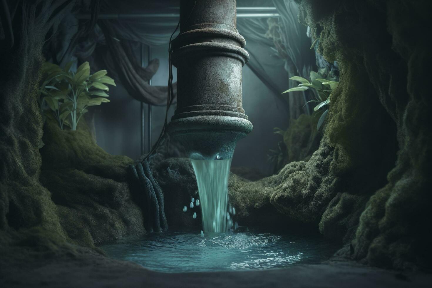 an ancient waterpipe with the earth inside and water overflowing, in the style of photorealism, light green and dark azure, innovative composition, mike Campau, environmental awareness, generate ai photo